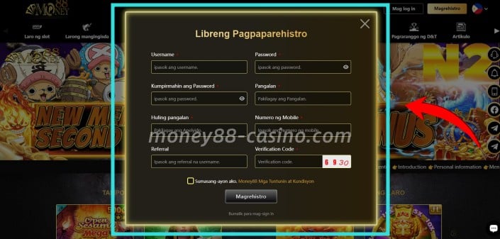 Money88 Online Casino interface para sa pagpuno ng registration form
