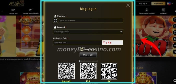 Screen sa pag-login sa Money88 Online Casino